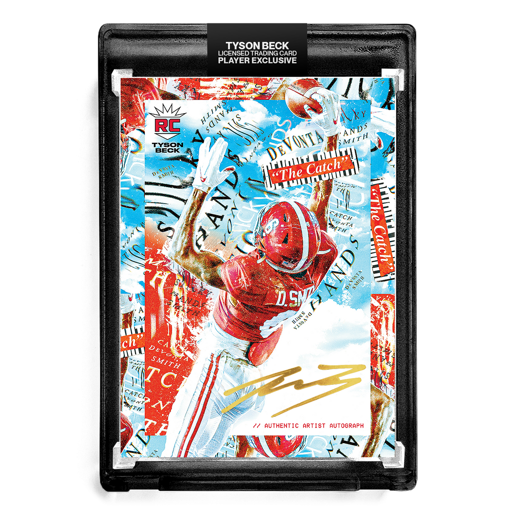 🏈 DEVONTA SMITH X TYSON BECK - RC THE CATCH - GOLD ARTIST AUTOGRAPH - ONE OF ONE